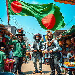 A visually rich and satirical scene set in a bustling marketplace where extreme secularist militants are humorously depicted