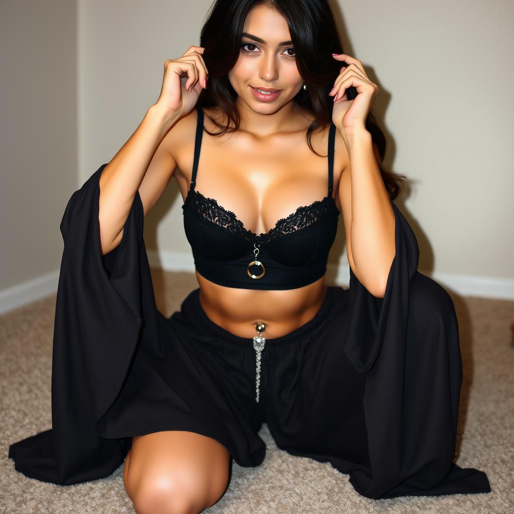 A young woman kneeling down, wearing a stylish black bra and long, flowing night pajamas