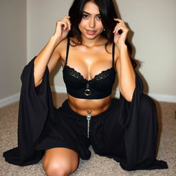 A young woman kneeling down, wearing a stylish black bra and long, flowing night pajamas