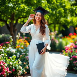 A proud graduate wearing an elegant white graduation dress, adorned with intricate lace details