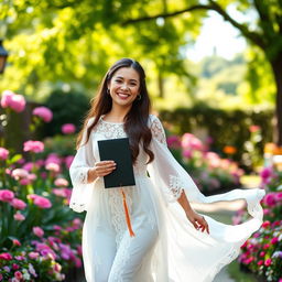 A proud graduate wearing an elegant white graduation dress, adorned with intricate lace details