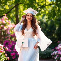 A proud graduate wearing an elegant white graduation dress, adorned with intricate lace details