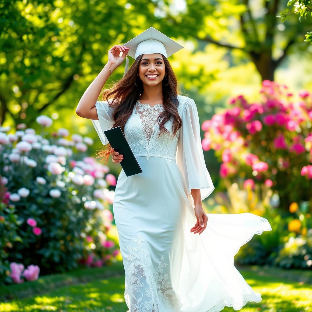 A proud graduate wearing an elegant white graduation dress, adorned with intricate lace details