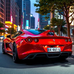 A sleek, modern sports car parked in an urban setting with the plate number KK-461-UU prominently displayed