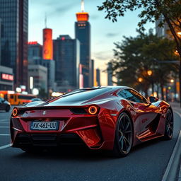 A sleek, modern sports car parked in an urban setting with the plate number KK-461-UU prominently displayed
