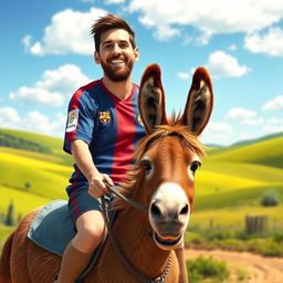 A whimsical scene of Lionel Messi, the famous soccer player, riding a donkey in a sunny, vibrant countryside