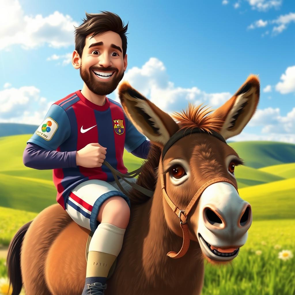 A whimsical scene of Lionel Messi, the famous soccer player, riding a donkey in a sunny, vibrant countryside