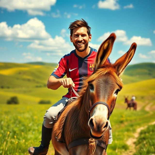 A whimsical scene of Lionel Messi, the famous soccer player, riding a donkey in a sunny, vibrant countryside