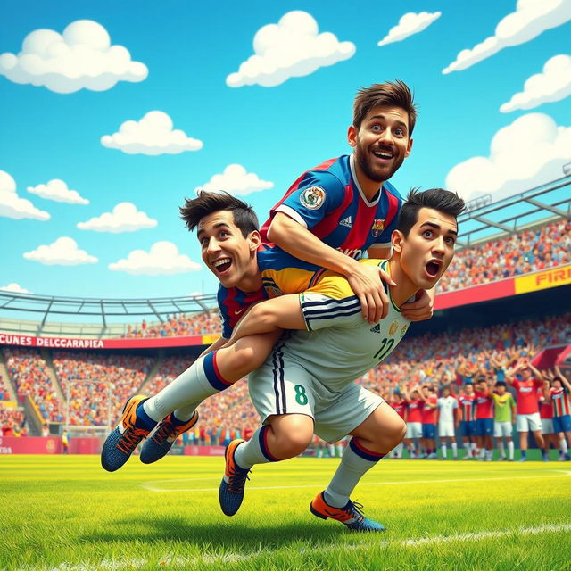 A humorous and fantastical scene featuring Lionel Messi riding on the back of Cristiano Ronaldo, both dressed in colorful, whimsical soccer uniforms