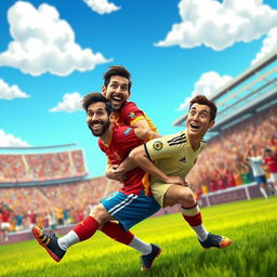 A humorous and fantastical scene featuring Lionel Messi riding on the back of Cristiano Ronaldo, both dressed in colorful, whimsical soccer uniforms