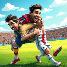 A humorous and fantastical scene featuring Lionel Messi riding on the back of Cristiano Ronaldo, both dressed in colorful, whimsical soccer uniforms