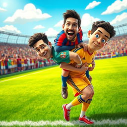 A humorous and fantastical scene featuring Lionel Messi riding on the back of Cristiano Ronaldo, both dressed in colorful, whimsical soccer uniforms