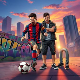 A dynamic and exciting scene featuring Lionel Messi in sporty attire, showcasing his legendary dribbling skills, surrounded by colorful graffiti art and urban scenery reminiscent of Grand Theft Auto V
