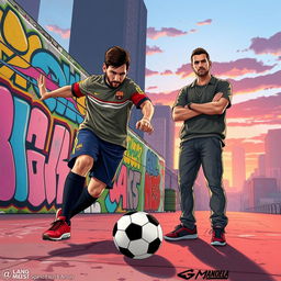 A dynamic and exciting scene featuring Lionel Messi in sporty attire, showcasing his legendary dribbling skills, surrounded by colorful graffiti art and urban scenery reminiscent of Grand Theft Auto V