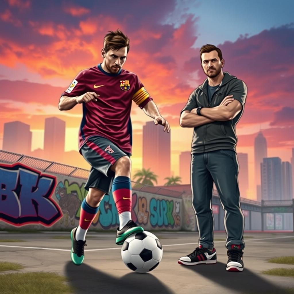 A dynamic and exciting scene featuring Lionel Messi in sporty attire, showcasing his legendary dribbling skills, surrounded by colorful graffiti art and urban scenery reminiscent of Grand Theft Auto V