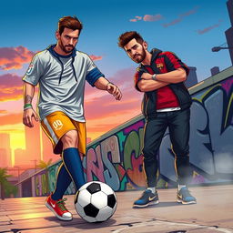 A dynamic and exciting scene featuring Lionel Messi in sporty attire, showcasing his legendary dribbling skills, surrounded by colorful graffiti art and urban scenery reminiscent of Grand Theft Auto V