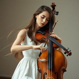 A graceful female musician playing the bass violin while wearing a simple white dress, her long hair flowing elegantly as she performs