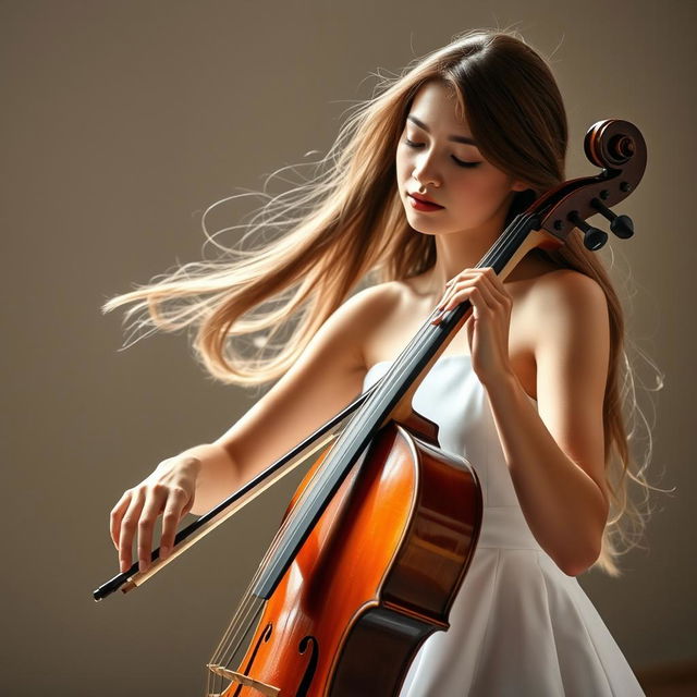 A graceful female musician playing the bass violin while wearing a simple white dress, her long hair flowing elegantly as she performs