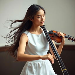 A graceful female musician playing the bass violin while wearing a simple white dress, her long hair flowing elegantly as she performs