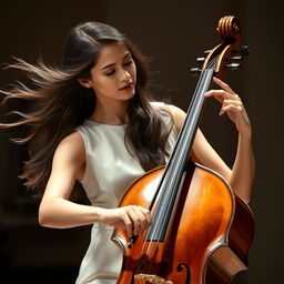 A graceful female musician playing the bass violin while wearing a simple white dress, her long hair flowing elegantly as she performs