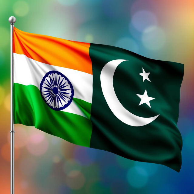 A vibrant and detailed image depicting the flags of India and Pakistan side by side