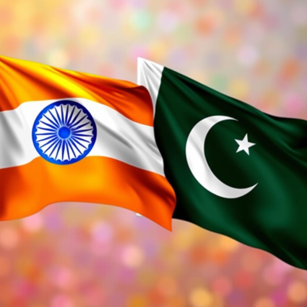 A vibrant and detailed image depicting the flags of India and Pakistan side by side