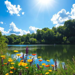 A serene landscape featuring a tranquil lake surrounded by lush green trees with sunlight filtering through the leaves