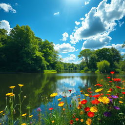 A serene landscape featuring a tranquil lake surrounded by lush green trees with sunlight filtering through the leaves