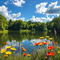 A serene landscape featuring a tranquil lake surrounded by lush green trees with sunlight filtering through the leaves