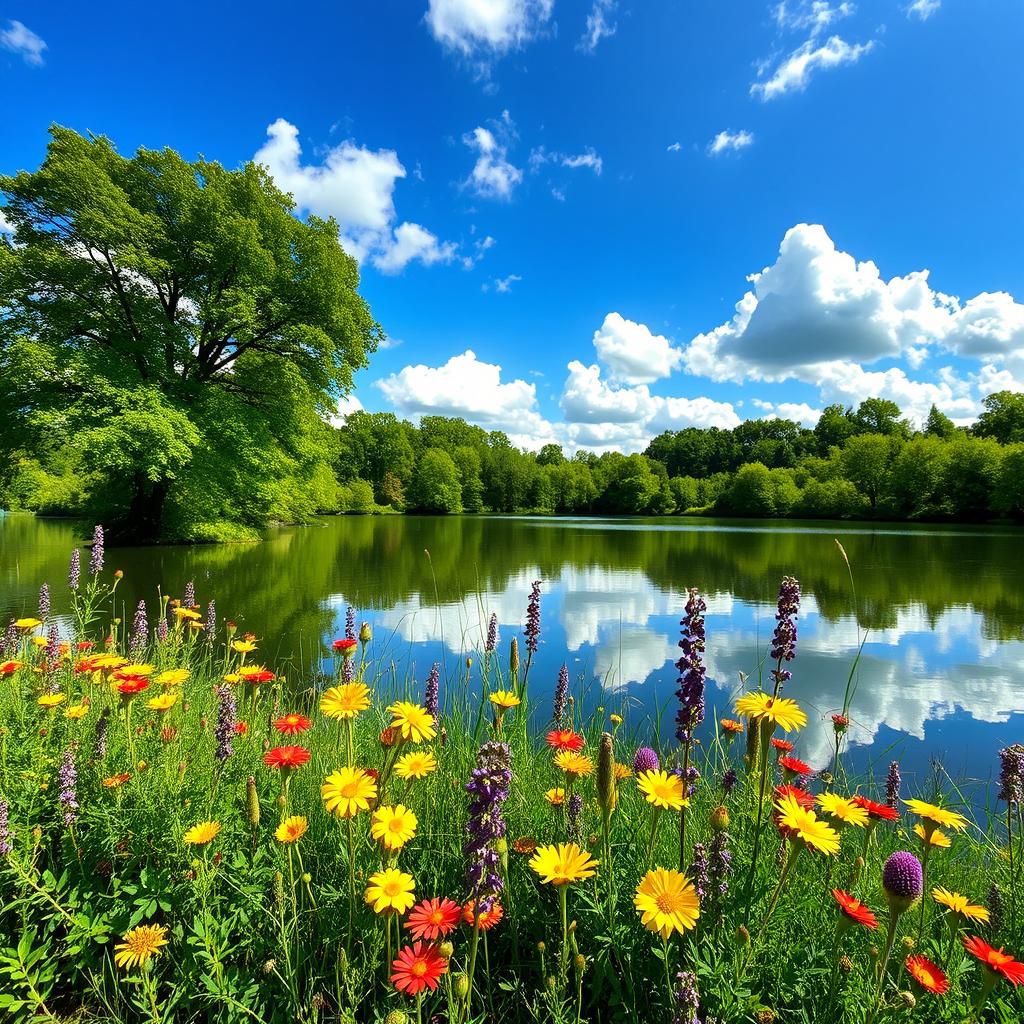 A serene landscape featuring a tranquil lake surrounded by lush green trees with sunlight filtering through the leaves