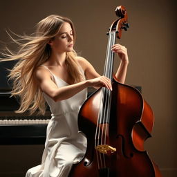 A graceful female musician playing the bass cello while wearing a simple white dress, her long hair flowing beautifully as she performs