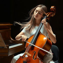 A graceful female musician playing the bass cello while wearing a simple white dress, her long hair flowing beautifully as she performs