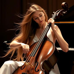 A graceful female musician playing the bass cello while wearing a simple white dress, her long hair flowing beautifully as she performs