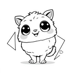 A cute creature designed in black and white, featuring large expressive eyes, a round body, and fluffy textures
