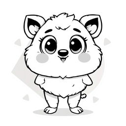 A cute creature designed in black and white, featuring large expressive eyes, a round body, and fluffy textures