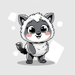 A cute creature designed in black and white, featuring large expressive eyes, a round body, and fluffy textures