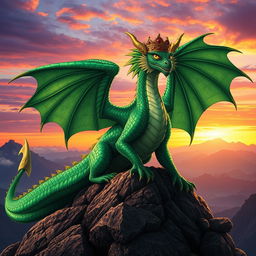 A majestic dragon king perched on a rocky mountain peak, with shimmering emerald scales that catch the sunlight