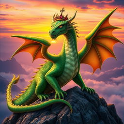 A majestic dragon king perched on a rocky mountain peak, with shimmering emerald scales that catch the sunlight