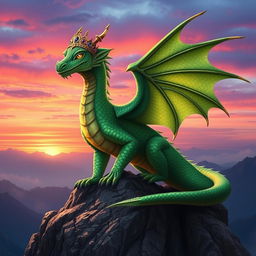 A majestic dragon king perched on a rocky mountain peak, with shimmering emerald scales that catch the sunlight