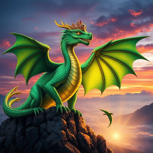 A majestic dragon king perched on a rocky mountain peak, with shimmering emerald scales that catch the sunlight