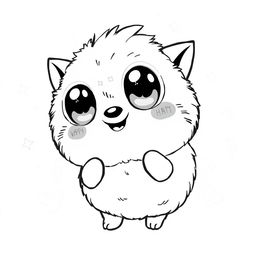 A cute creature designed in black and white, featuring oversized sparkling eyes, a round chubby body, and fluffy fur texture