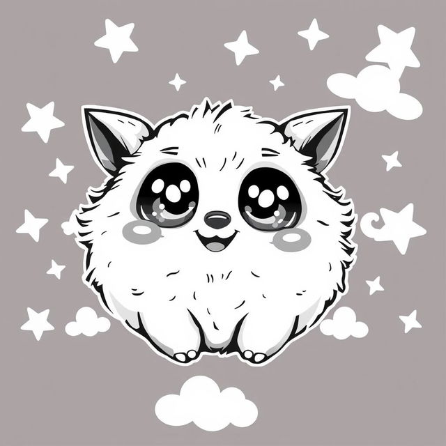 A cute creature designed in black and white, featuring oversized sparkling eyes, a round chubby body, and fluffy fur texture