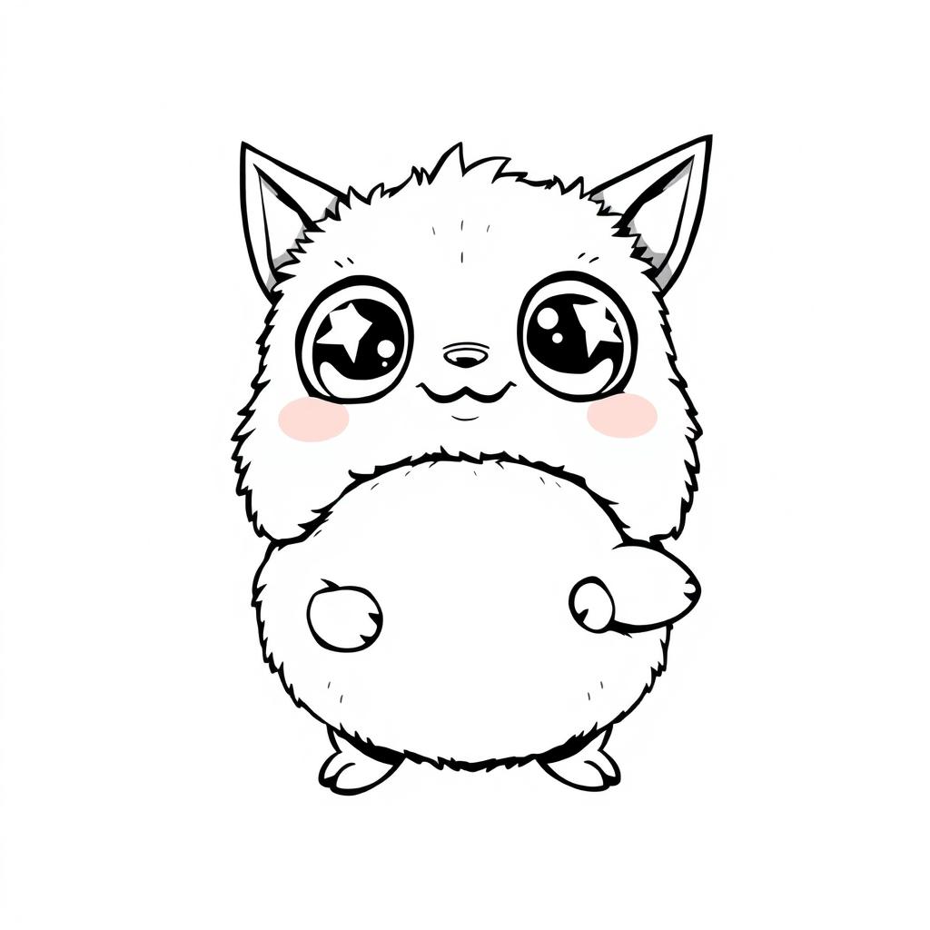 A cute creature designed in black and white, featuring oversized sparkling eyes, a round chubby body, and fluffy fur texture