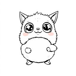 A cute creature designed in black and white, featuring oversized sparkling eyes, a round chubby body, and fluffy fur texture