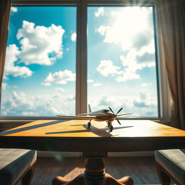 A cozy scene featuring a wooden table adorned with a small, detailed model of an airplane, artfully placed in the center