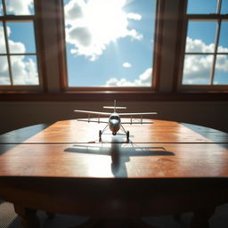A cozy scene featuring a wooden table adorned with a small, detailed model of an airplane, artfully placed in the center