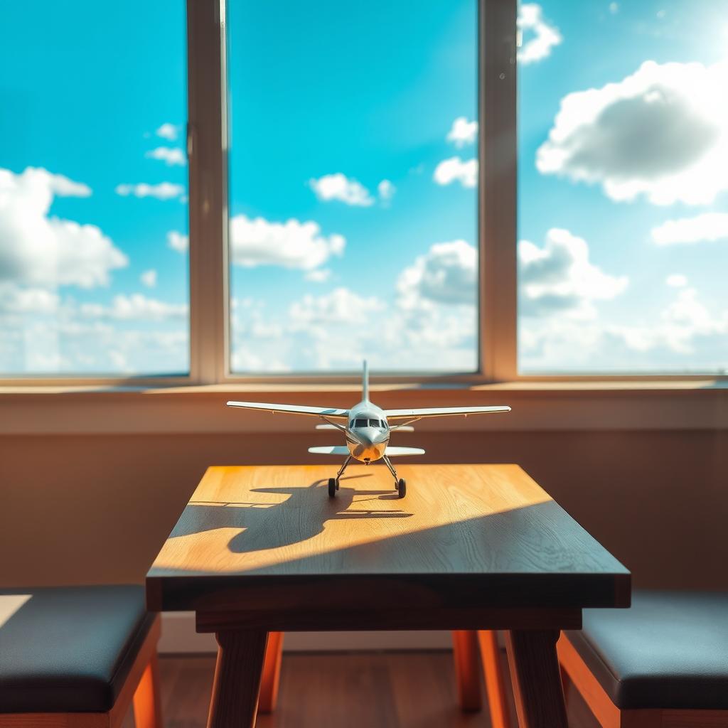 A cozy scene featuring a wooden table adorned with a small, detailed model of an airplane, artfully placed in the center