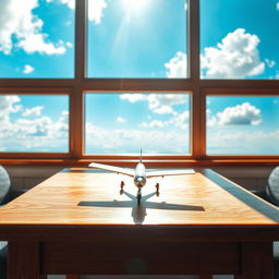 A cozy scene featuring a wooden table adorned with a small, detailed model of an airplane, artfully placed in the center