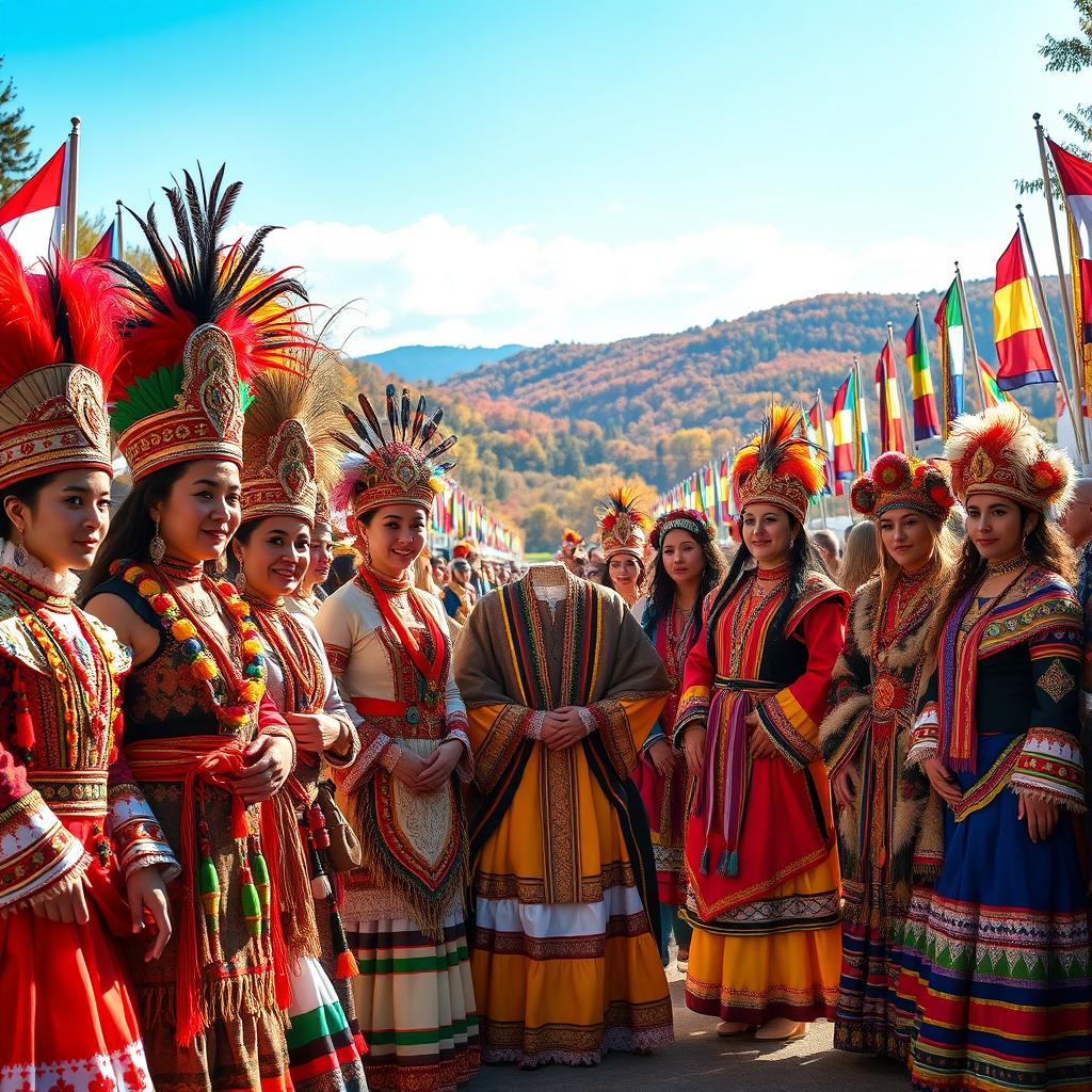 A vibrant display of human pageantry, featuring a diverse group of people in elaborate traditional costumes representing various cultures around the world
