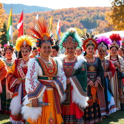 A vibrant display of human pageantry, featuring a diverse group of people in elaborate traditional costumes representing various cultures around the world